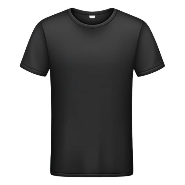 simple black t-shirt with round neck, flat layout, only the garment itself, no human form, plain clothing item on white background sticker