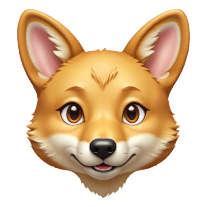 Cinematic Cute Dingo Portrait Emoji, Head tilted playfully and inquisitively, featuring a glossy sandy fur with naturally perky ears and round, sparkling amber eyes filled with curious mischief, Simplified yet irresistibly adorable features, highly detailed, glowing with a warm, friendly glow, high shine, affectionate and spirited, stylized with a touch of outback whimsy, bright and endearing, soft glowing outline, capturing the essence of a mischievous yet loving dingo, so playful it feels like it could bound out of the screen into your arms! sticker