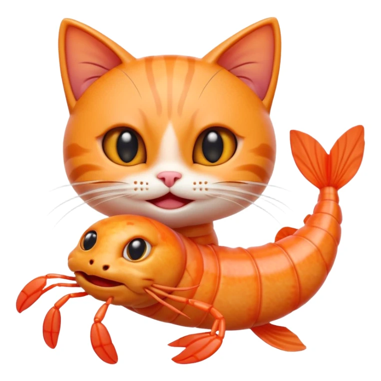 A cute 3D hybrid creature combining a cat and a shrimp, with a cat’s head and a shrimp’s body, bright orange tones, big expressive eyes, smiling face, cartoon style, soft lighting, smooth textures, emoji-like design, high-quality digital illustration. sticker