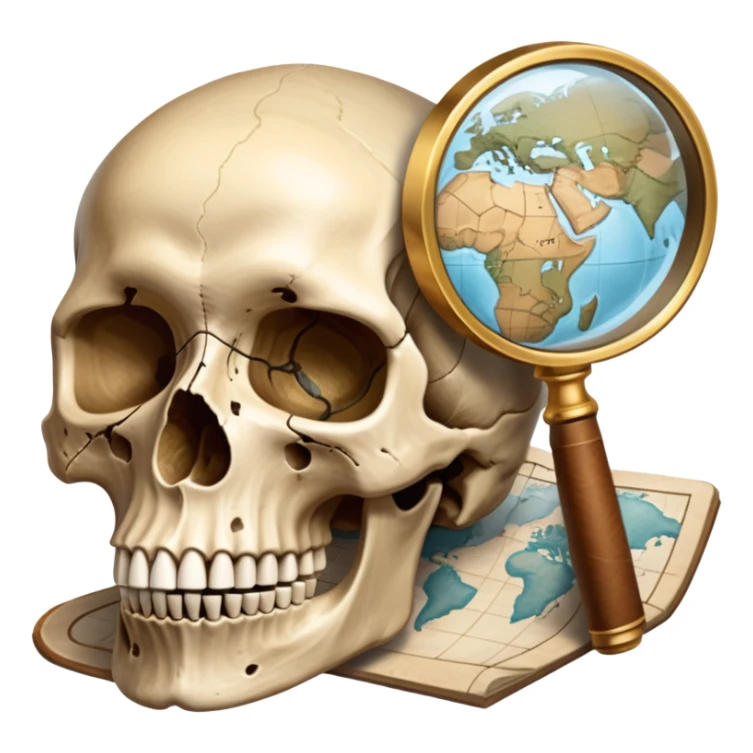 An icon featuring a human skull and fossils, representing anthropology. The design includes a magnifying glass and a map of ancient human migration paths, symbolizing the study of human evolution and cultures. Transparent background highlights the scientific exploration of humanity’s past. sticker
