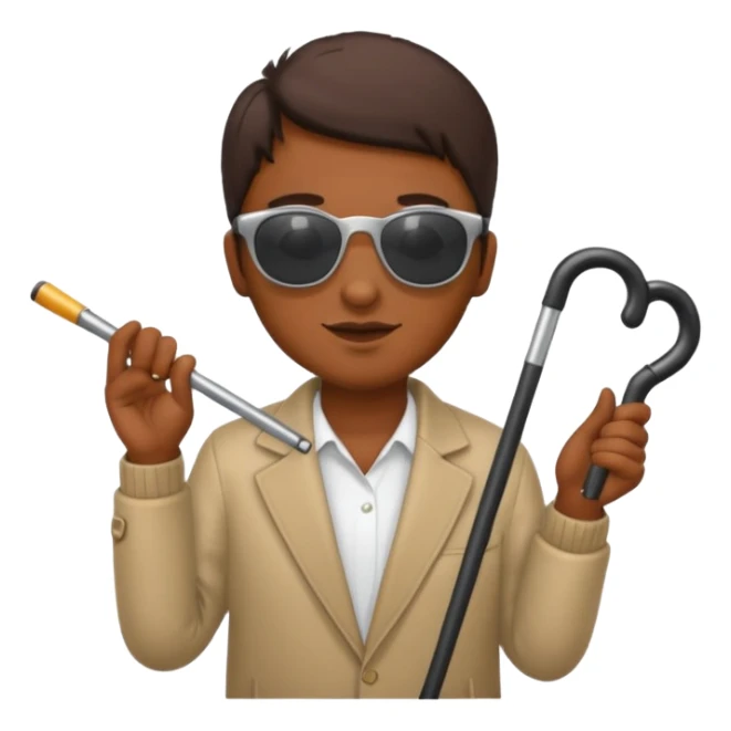 A blind person wearing sunglasses and holding a guide cane sticker