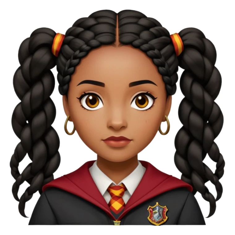 Angelina Johnson in harry potter, wear hogwarts gryfindor uniform,  thick, black hair worn in braids, reflecting her bold, stylish, and strong personality sticker