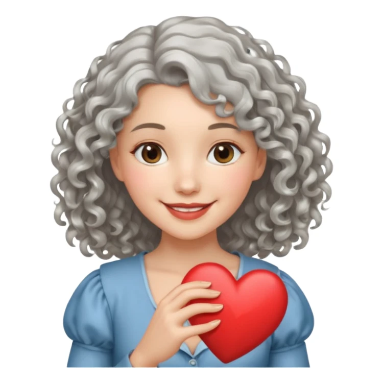 silvery curly/wavy shoulder-length hair smiling lady holding a heart thinner hair sticker