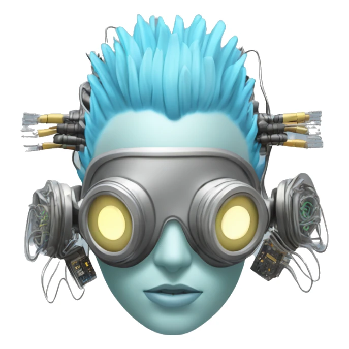 Light blue Mohawk female cyborg head with silver respirator mask and circuits sticker