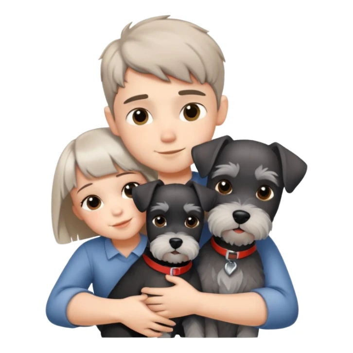 a boy and a shorthair girl hugs a Schnauzer sticker