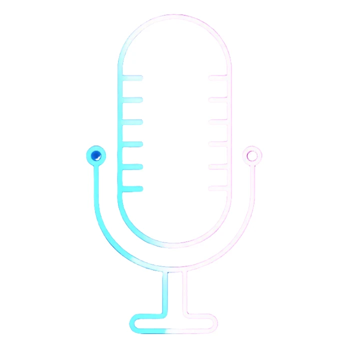 desktop studio microphone in profile view with neon glow effect, blue and purple neon glow on top left, pink neon glow on bottom right sticker