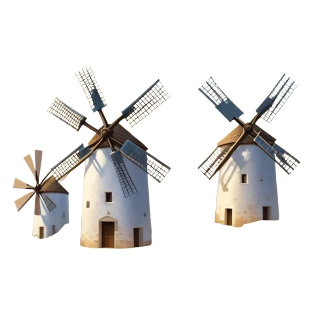 ​Cinematic Realistic Spanish Windmills (Mota del Cuervo), depicted as a cluster of gracefully aged windmills with weathered whitewashed facades and rustic wooden sails, standing proudly on a sunlit, rolling hillside of golden fields and olive groves, rendered with intricate textures and soft natural lighting that captures the timeless rural charm and historical significance of the Spanish landscape, sticker