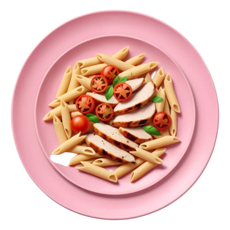 penne with cherry tomatoes and grilled chicken on a pastel pink plate sticker