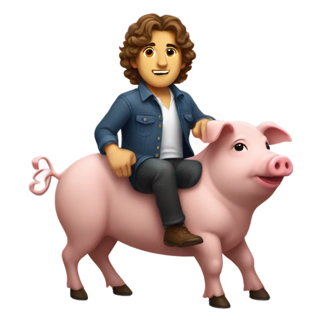 Man with medium-length wavy brown hair, riding a pig sticker