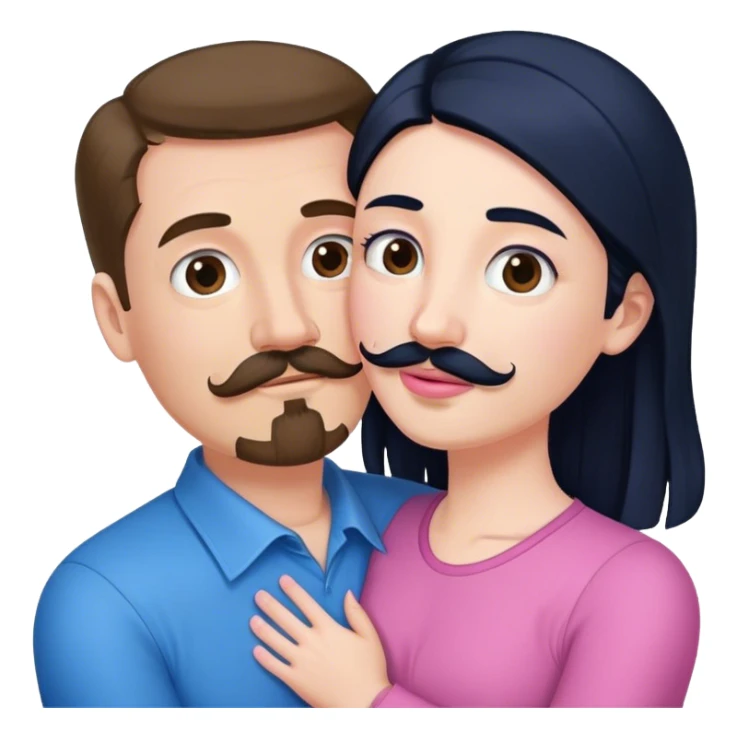 Tall white man with brown mustache goatee wearing blue hugged by a short pale woman with long black hair wearing pink sticker