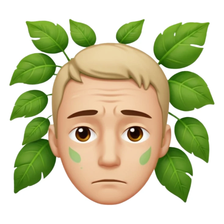 tired sad man with sweat on forehead, plant behind sticker