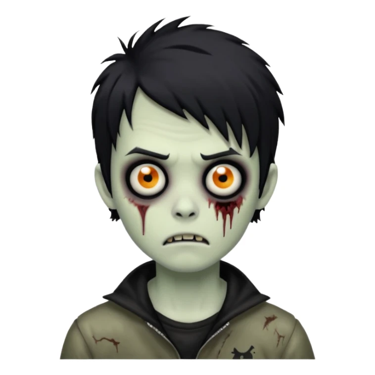 zombie boy, black shaggy hair, emo look, dark circles under eyes, spooky and creepy expression sticker
