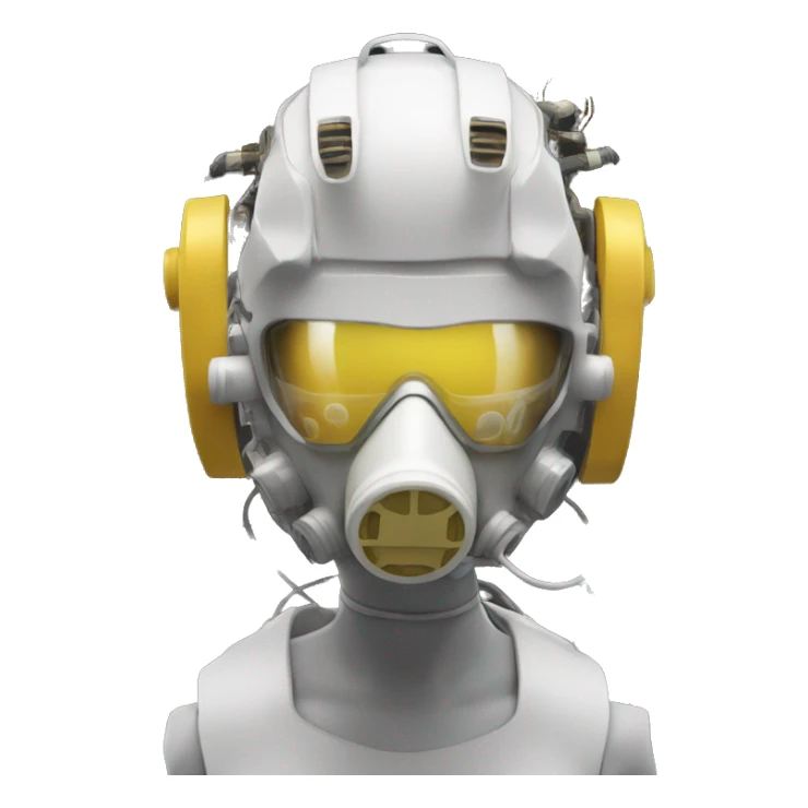 Dark yellow Mohawk female cyborg head with white respirator mask and circuits sticker