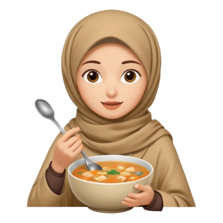 a woman wearing a pashmina hijab is eating while holding a spoon sticker