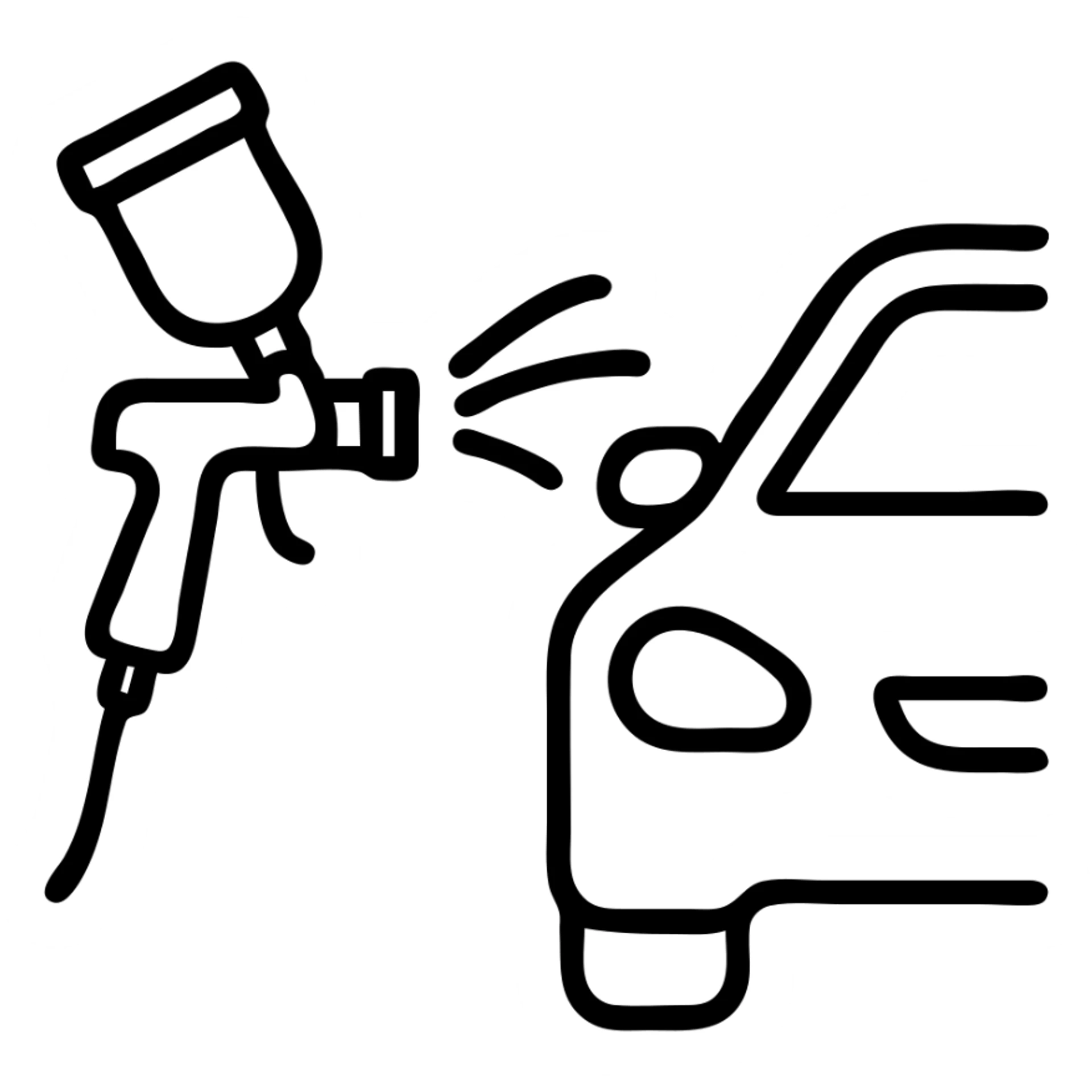 outlined icon of a paint spray gun pointing at a car section, clean lines, glossy black paint spraying out, silver details, modern and simple sticker