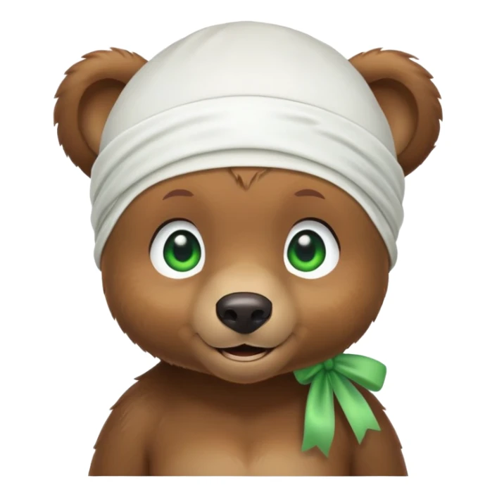 Playful brown bear cub in a white silk durag with a slight smile and bright green eyes, iOS emoji style sticker