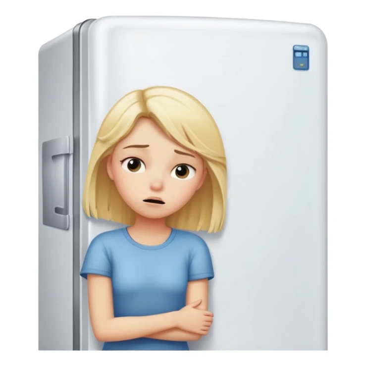 Blond girl trying to sleep next to a refrigerator  sticker