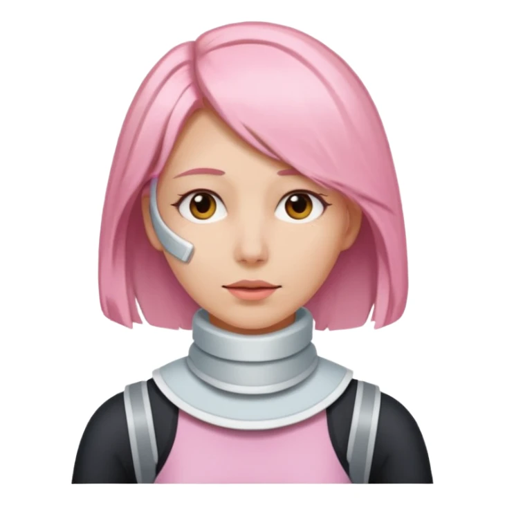 Woman with light pink shoulder length hair and neck brace sticker