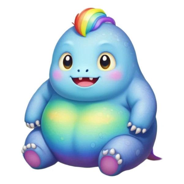 Kawaii derpy fat rainbow monster sitting in a magic field, rich textures, visually detailed, so lifelike that it feels like it could leap off the page at any moment sticker