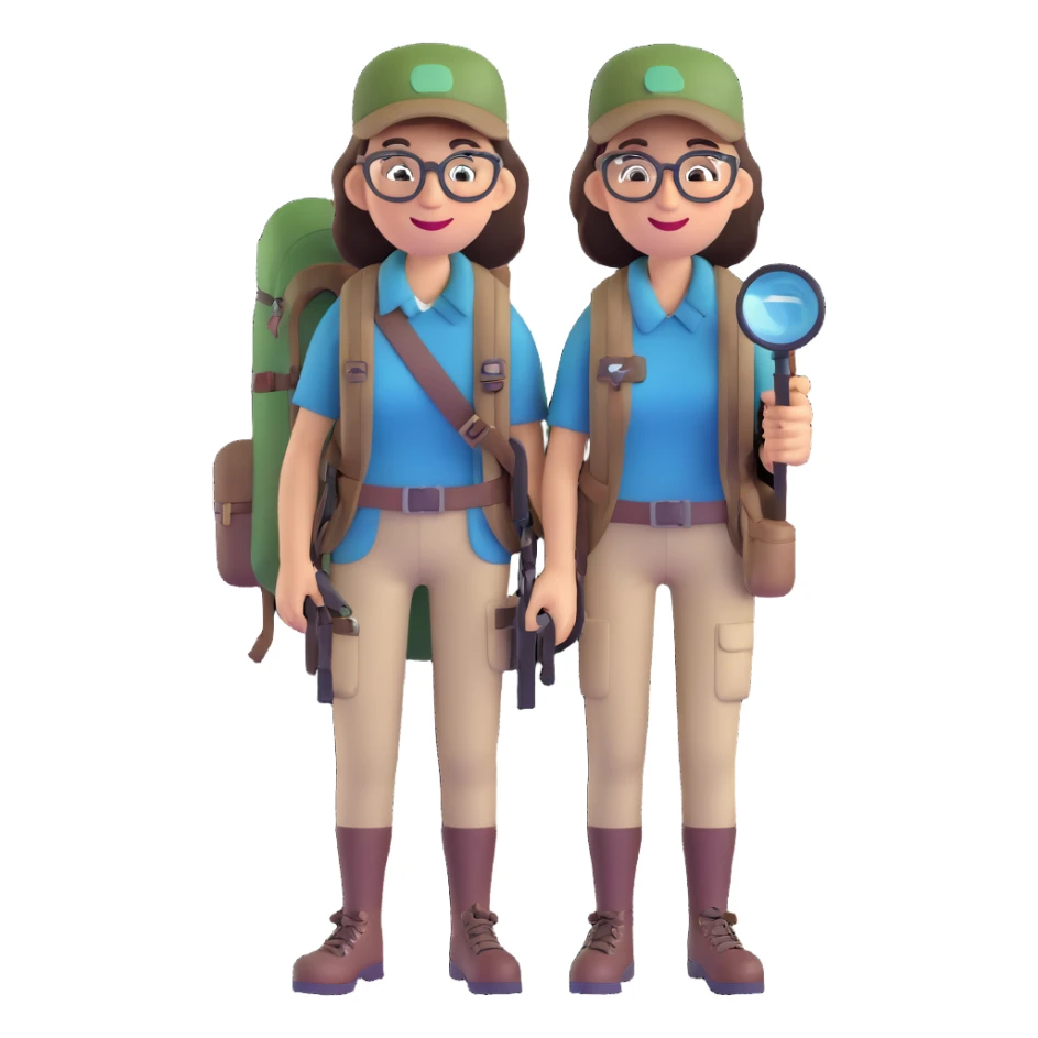 Happy female explorer with glasses, hiking outfit, backpack, holding a single magnifying glass sticker
