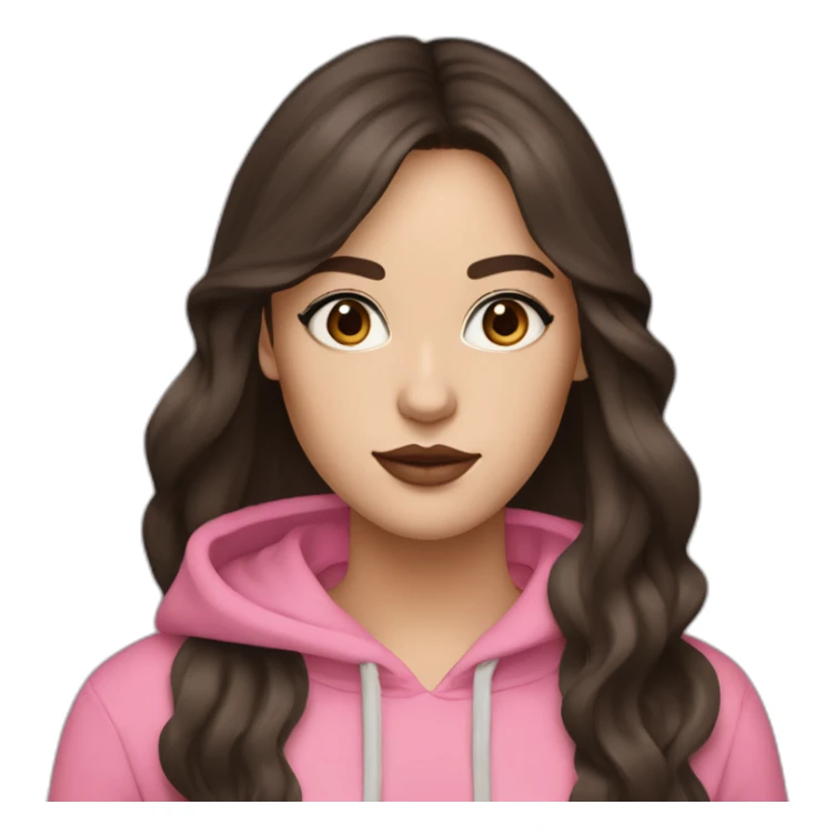 White women with long dark brown hair with curtain bangs and long eyelashes dark brown eyes and pink cheeks with pink lips and thick dark brown eyebrows wearing a black hoody sticker