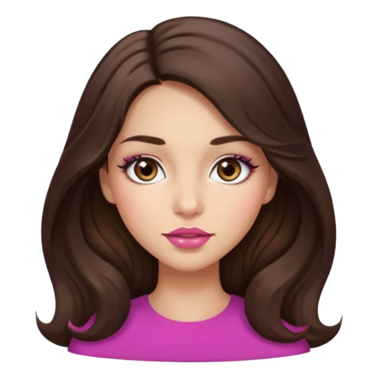 girl with wavy long dark brown hair, brown eyes, light to medium complexion, long lashes, almond shaped eyes, link lipstick sticker