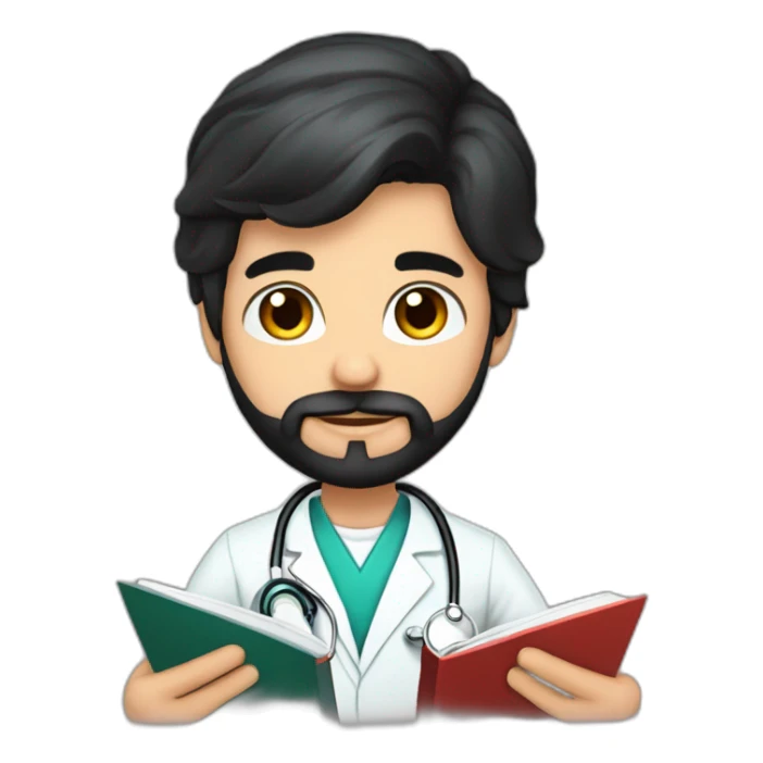 young spanish surgeon with black hair, black beard and stethoscope,reading a book sticker