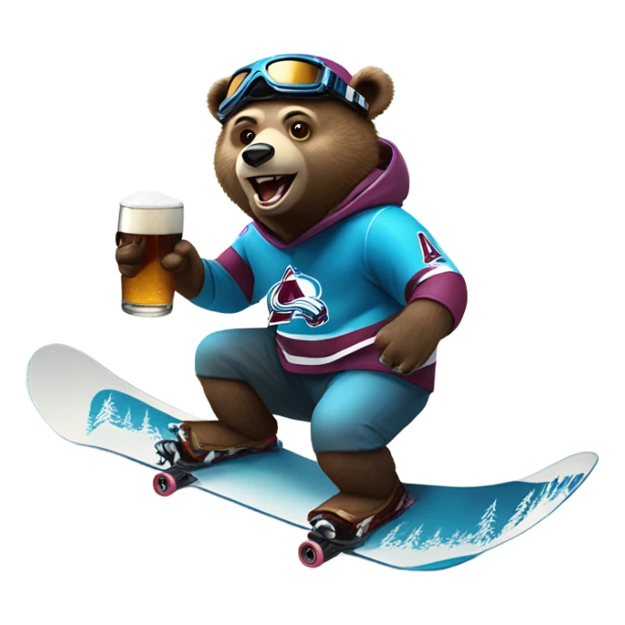 snowboard bear with helmet and goggles in colorado avalanche jersey doing insane tricks while holding a beer sticker