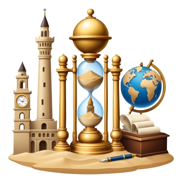 icon featuring ancient scrolls, quill pen, and a globe, with famous historical landmarks and monuments in the background. Large, antique sand clocks with sand pouring out represent the passage of time. Historical figures are depicted as statues. Transparent background. sticker