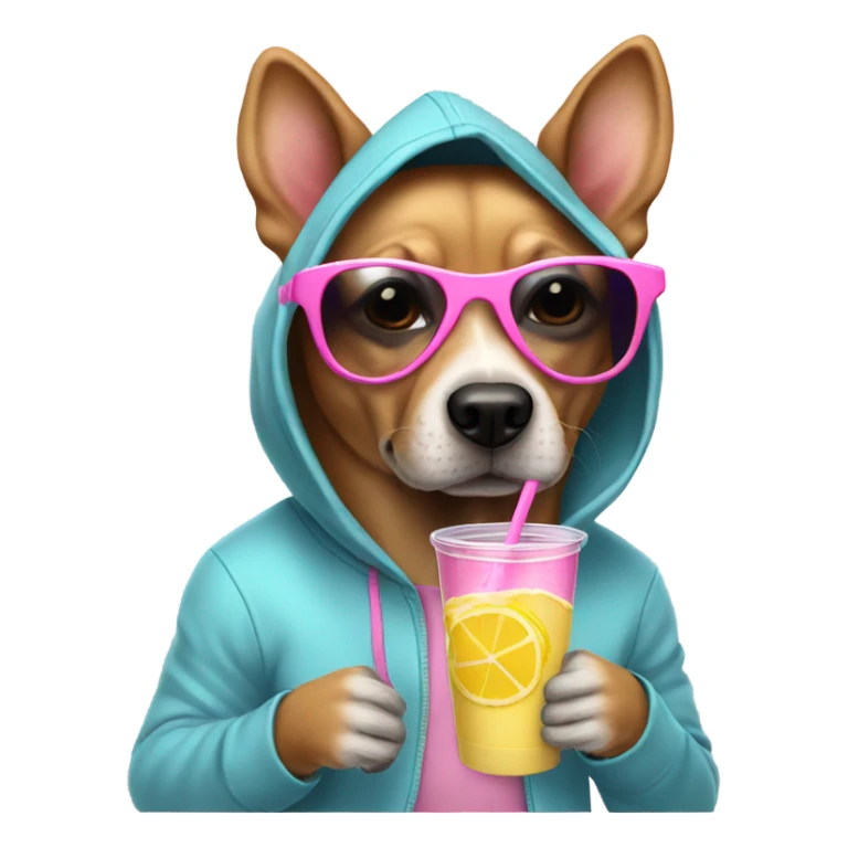 dog wearing a hoodie with pink sunglasses drinking lemonade sticker
