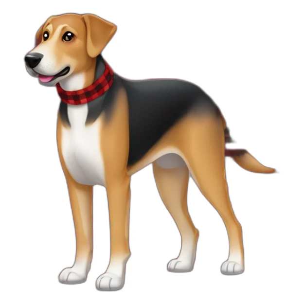adult 75% Coonhound 25% German Shepherd mix dog with visible tail wearing small pointed red buffalo plaid bandana full body walking left quickly sticker