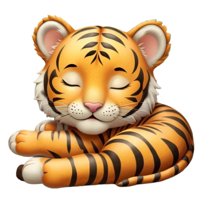 Meme-Worthy cute Sleeping Tiger Cub Portrait Emoji, Head resting peacefully with a contented smile, showcasing a luxuriously soft, striped form and eyes gently closed in serene slumber, Simplified yet comically adorable features, highly detailed, glowing with a soft, drowsy wild light, high shine, relaxed and utterly lovable, stylized with an air of playful laziness, bright and heartwarming, soft glowing outline, capturing the essence of a sleeping tiger cub that feels destined to become the next viral icon of adorable rest! sticker