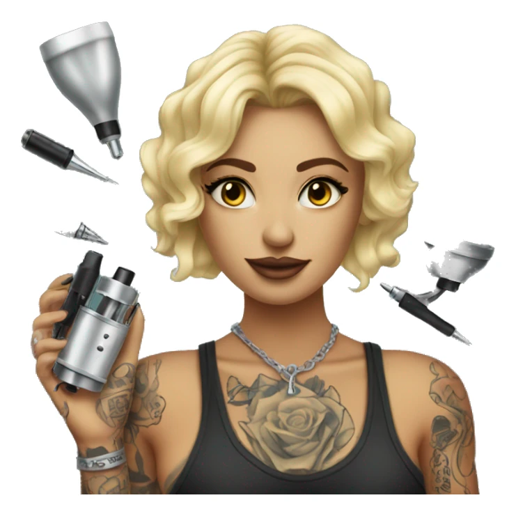 blonde tattoo artist with tattoo holding tattoo machine sticker