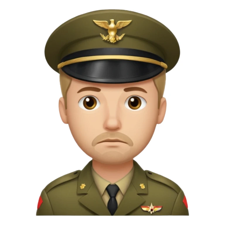 A white man with stubble in a soldier's uniform and a sad face sticker
