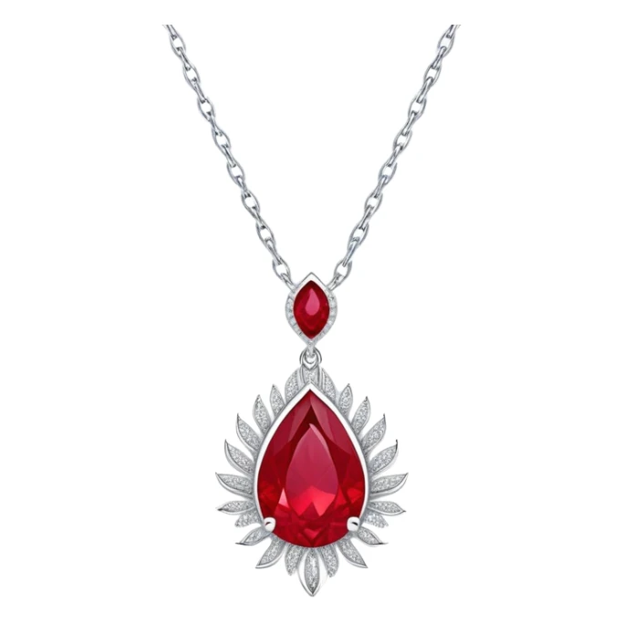 conceptual and ethereal teardrop ruby pendant with fiery light, a tiny phoenix feather emerging, haloed by shimmering white stones, and a silver chain, symbolizing rebirth sticker