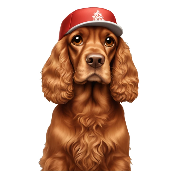 A full-length, adult, red cocker spaniel in a New Year's cap, siting sticker