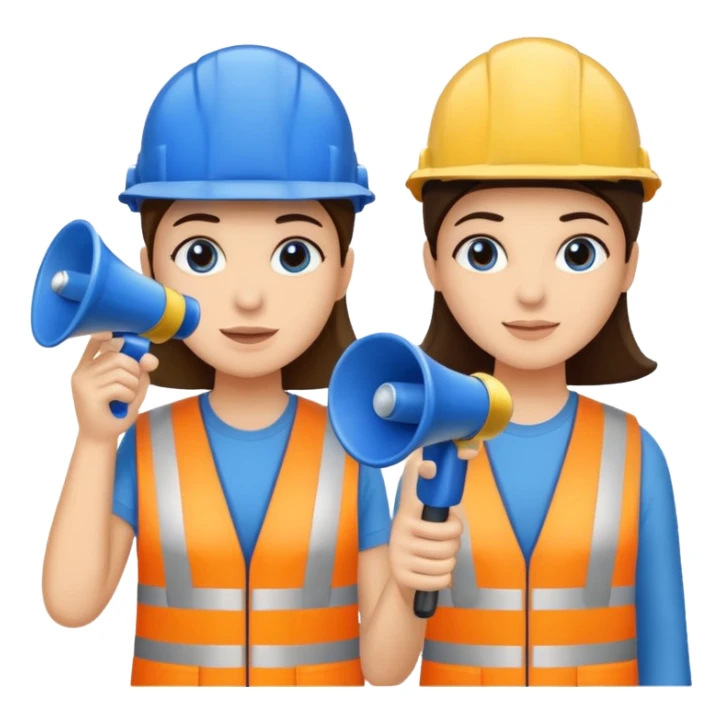 Duas pessoas com capacete de obras azul e um megafone na mão sticker