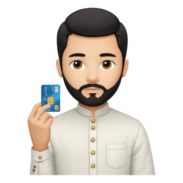 generate a pretty bratz boy wearing a white linen mandarin collar shirt with an amex card in hand. bearded black hair sticker
