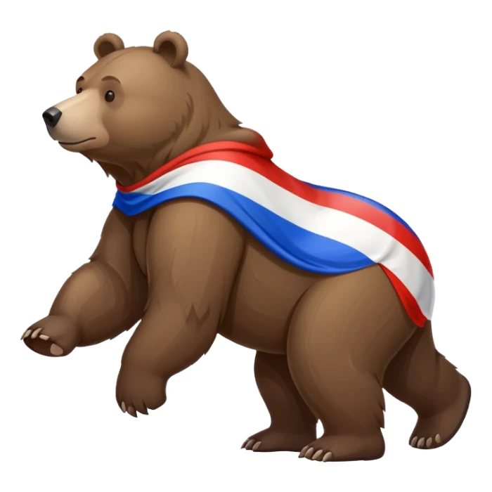 Medium brown bear on all four legs with Russian flag (white, blue, red horizontal stripes) draped over its back, minimalist style, side view sticker