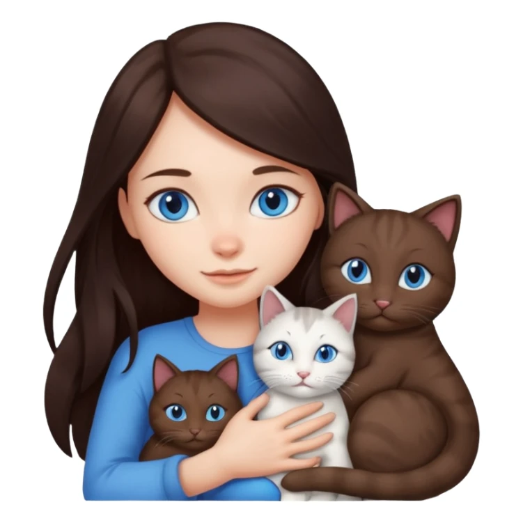 a girl with long dark 
brown hair, with blue eyes, hugs 3 different natural coloured cats sticker
