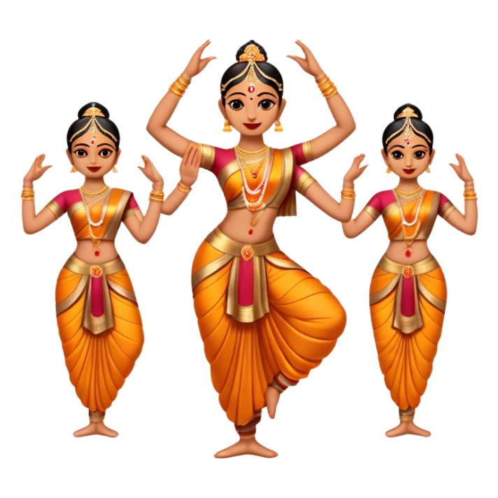 Cinematic Realistic Bharatanatyam Dance Emoji, depicted as an elegant classical Indian dance performance with graceful poses, intricate costumes, and expressive hand gestures, rendered with rich textures and warm dramatic lighting that captures its timeless beauty. sticker