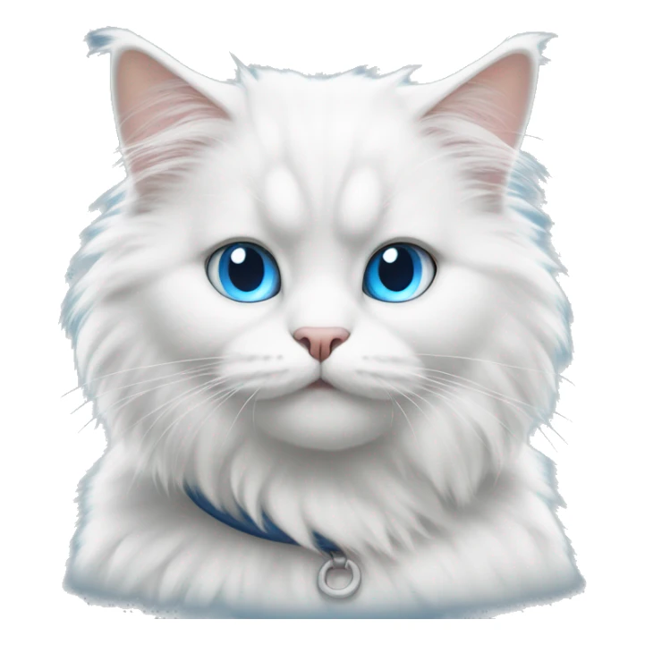 White fluffy cat sitting face forward with blue eyes and very fluffy tail and grey collar sticker