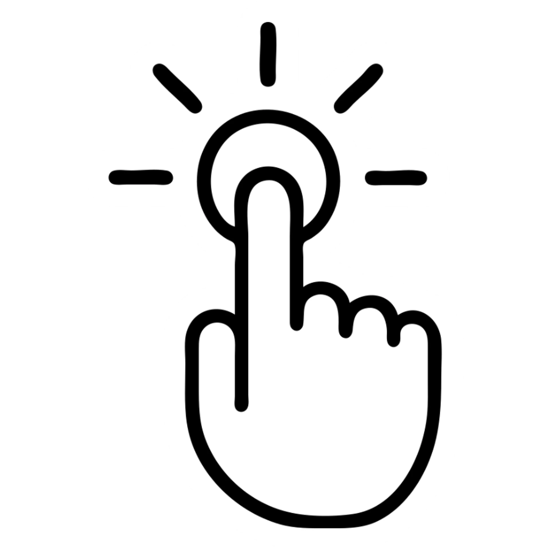 Single finger pressing effortless button with radiating success lines, minimalist interaction design, bold corporate illustration style sticker