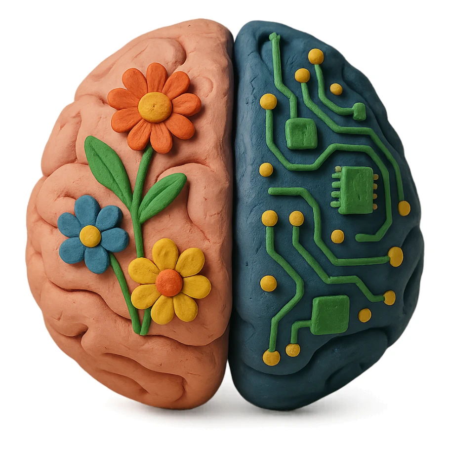 split brain, left side with flowers, right side with circuit board sticker