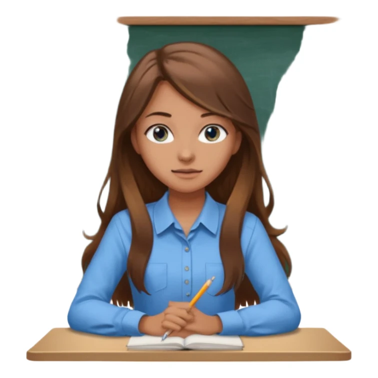 high school class room with a pretty female high school student with long brown hair, blue eyes sitting in front of the blackboard sticker