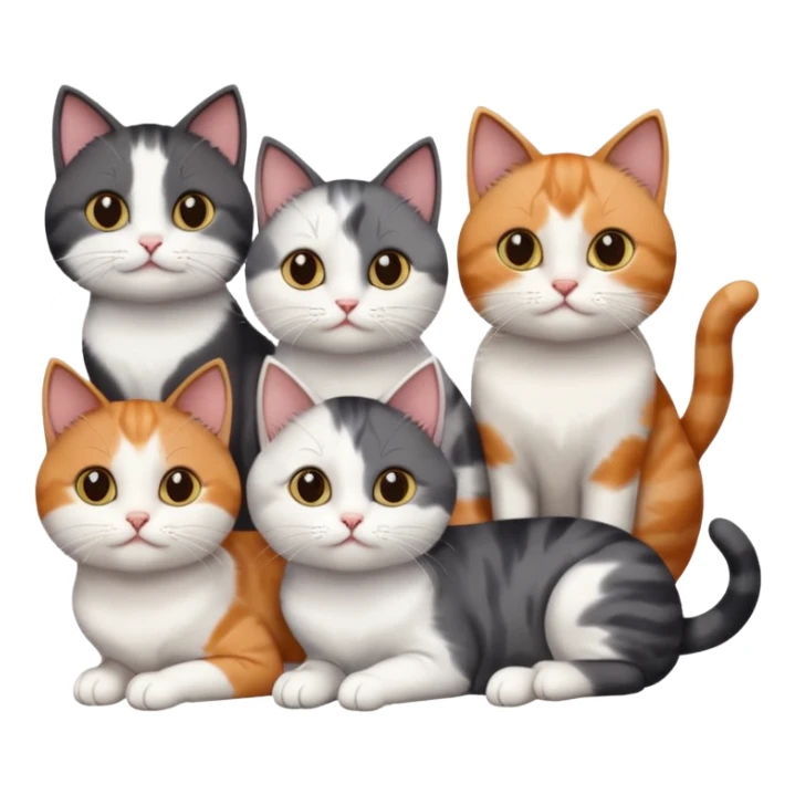 5 different coloured short haired cats including; a dark brown and white cat, and a dark grey and white, and a calico sticker