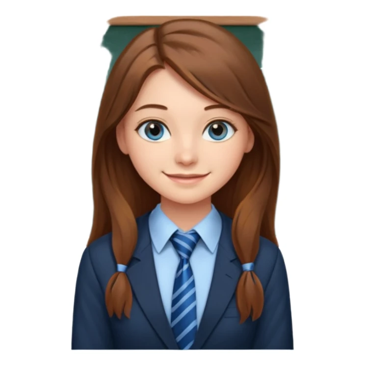 high school class room with a pretty female high school student with long brown hair, blue eyes, wearing a tie, sitting in front of the blackboard sticker