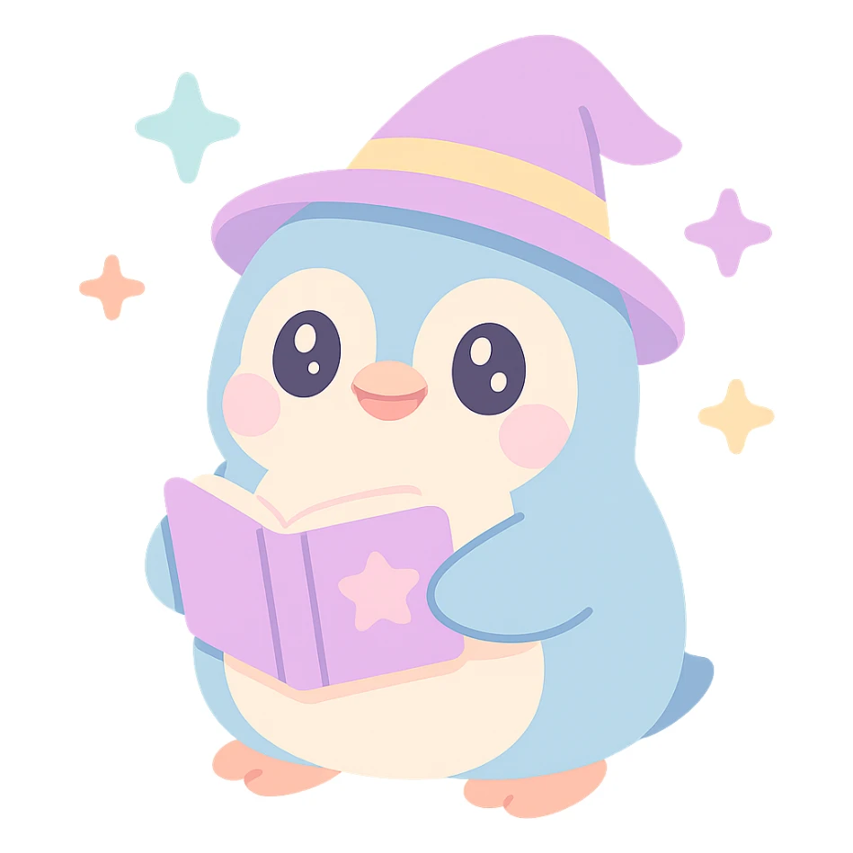 a chubby penguin with a wizard hat, magical sparkles around, and a book of spells sticker
