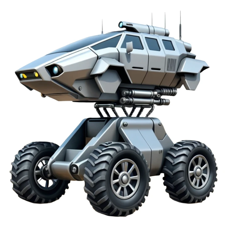 Futuristic jumping four-legged armored canine sporty self-balancing massive trail assault vehicle motor-in-wheel side-hill leaning actively robotically articulating hydraulic independent suspended pod gimbal defender antique off-road racing rover with large fast engine basher crawler megatron  sticker