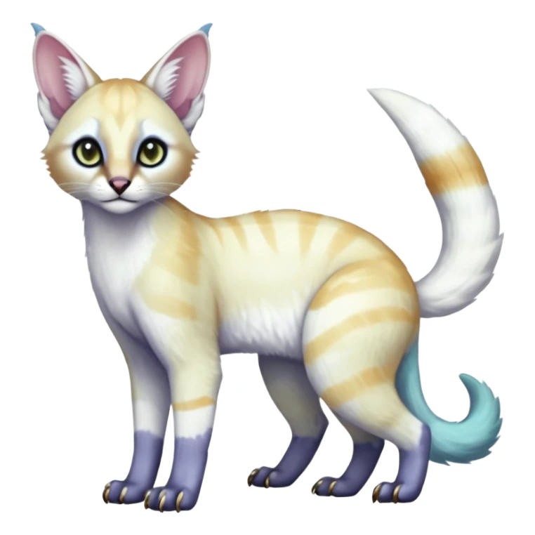 Colorful tropical pearly-albino-white iridescent glorious divine exotic cute cool beautiful shiny beautiful fantasy-caracal-civet-genet-sergal-vernid-Cacomistle-oncilla-animal-Fakémon-hybrid-fursona with tufted ears (full body) sticker